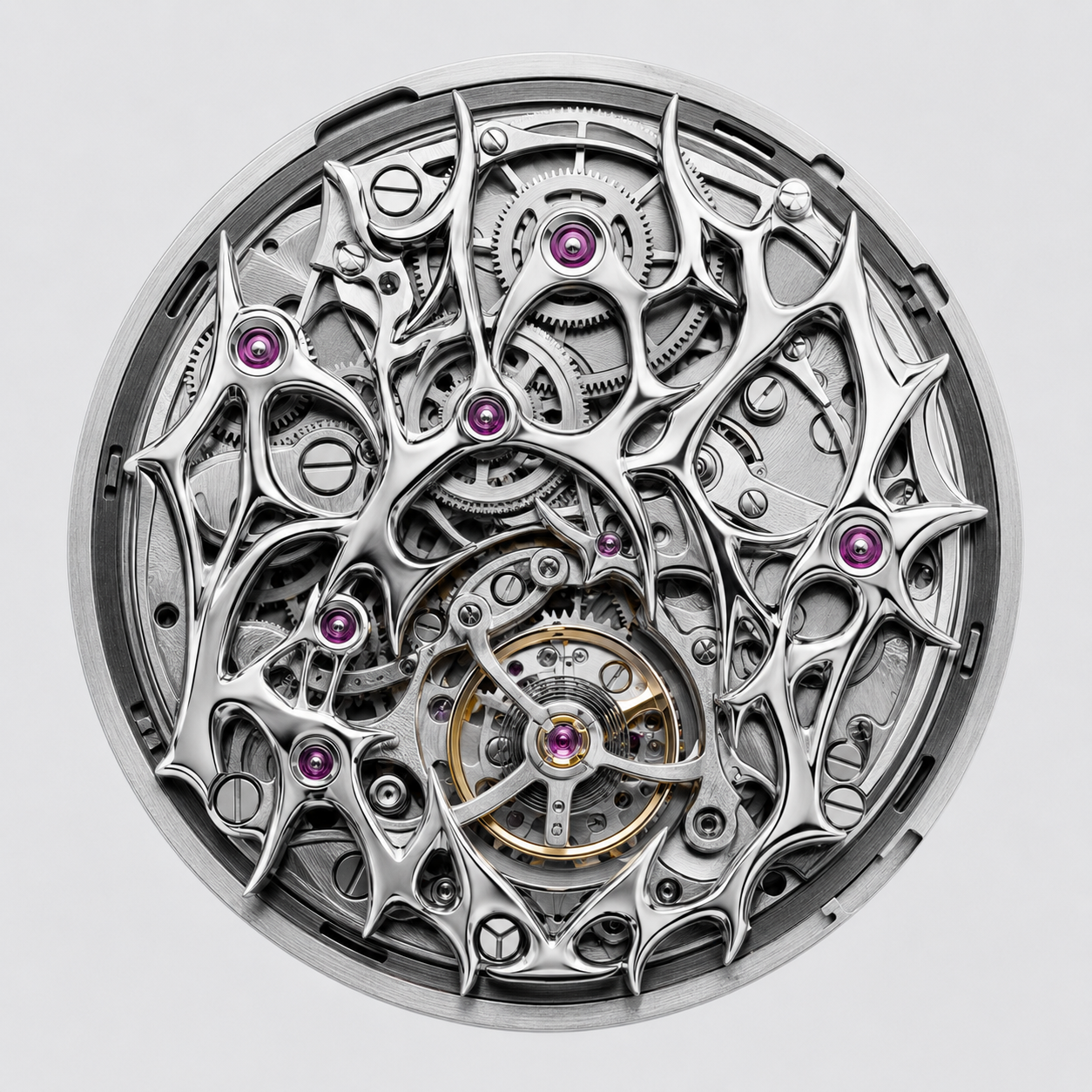 Calibre A-13, mouvement complet vu de dessus : ponts épines chrome, rubis roses, balancier au centre bas.